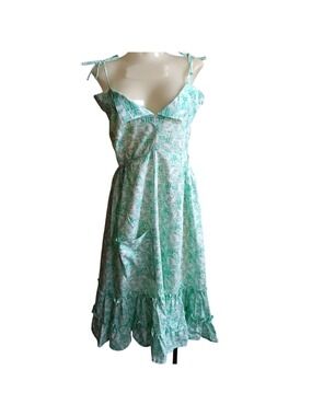 • Vtg 1970s Floral Church Dress Womens M 10 Green Strappy Sleeveless Cottagecore